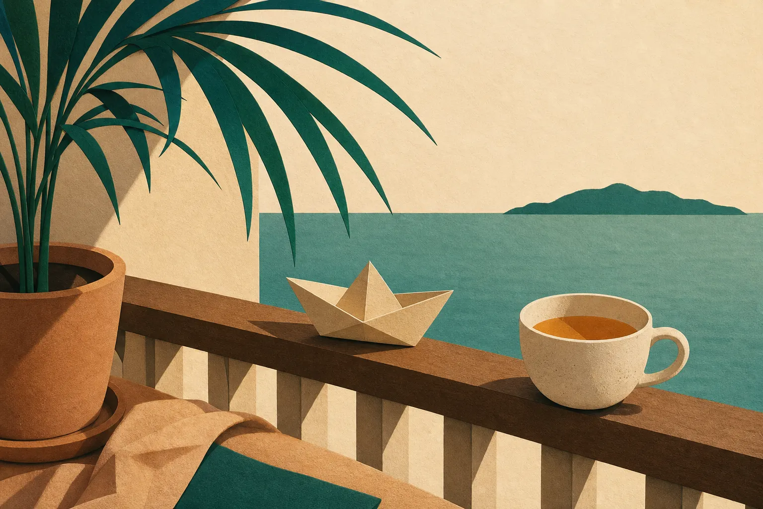 A balcony rail with a potted palm, a paper boat, and a flat sea on the horizon.