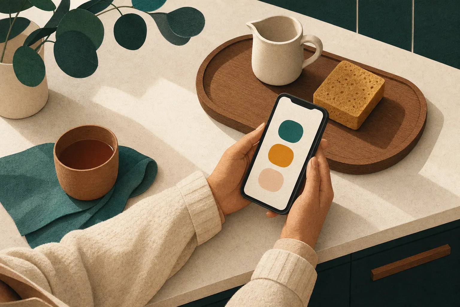 Hands holding a phone above a breakfast tray.
