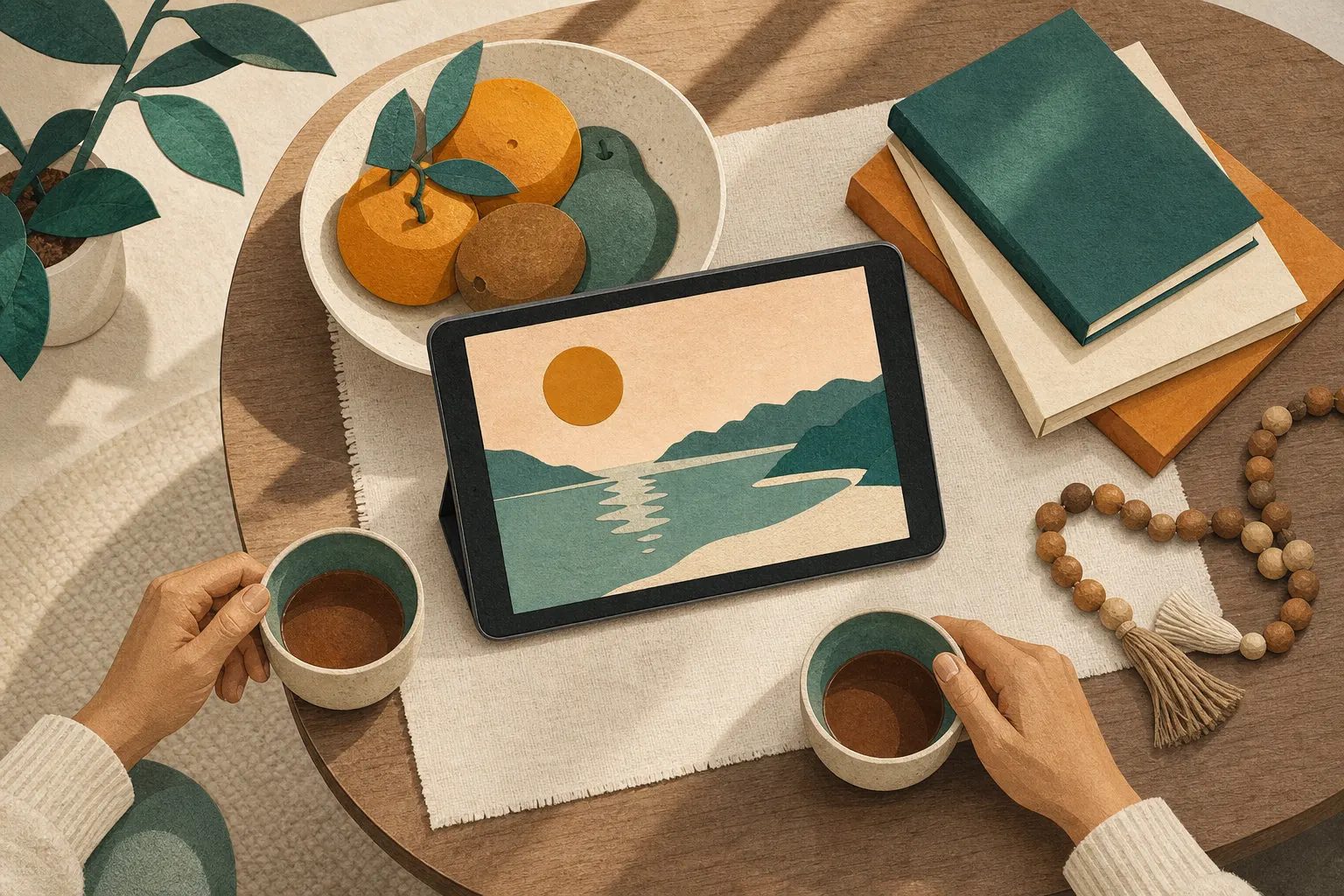 A tablet propped on a table for a video call with grandparents.