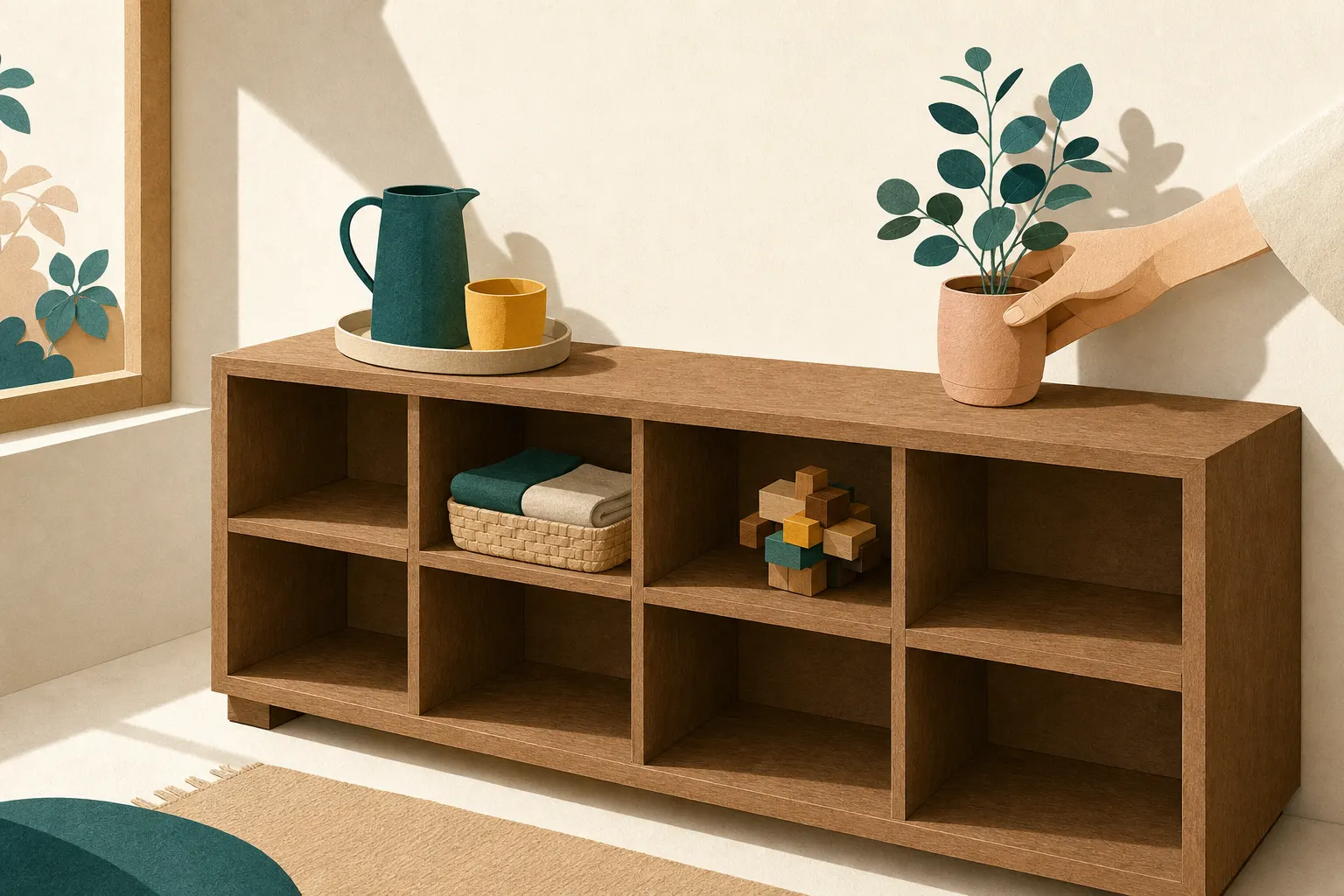 A low wooden shelf with eight cubbies, a few trays, and several empty spaces.