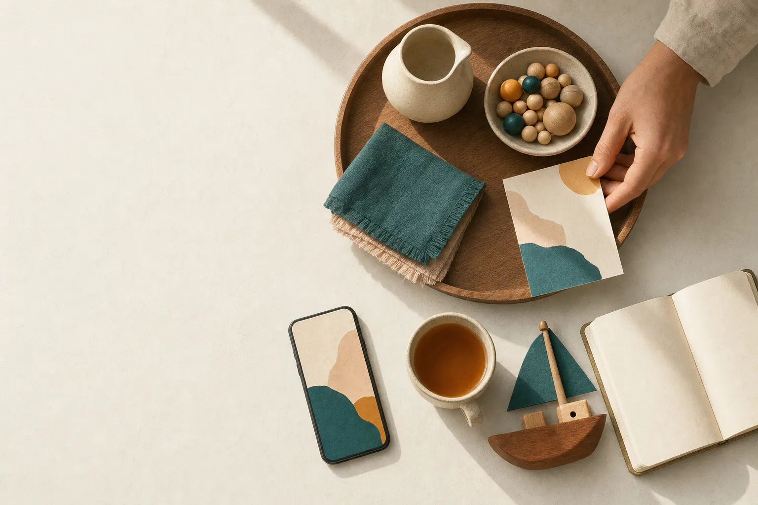 A family kitchen table in morning light with a wooden tray, a phone, a notebook, and a cup of tea, seen from above.
