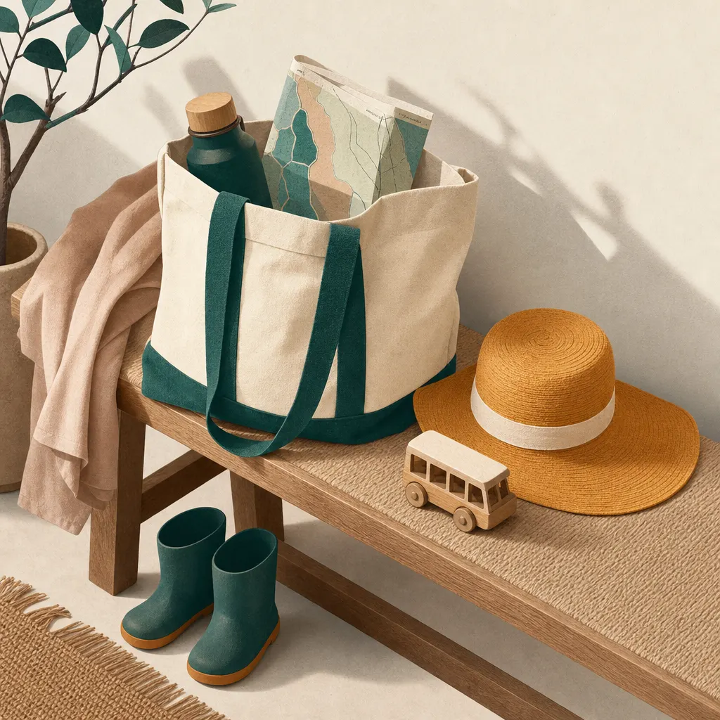 A tote bag with a water bottle, map, and toy bus.