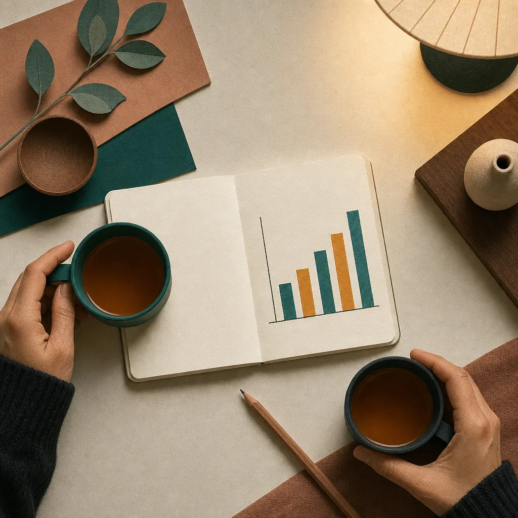Two mugs of tea and a notebook with a bar chart.