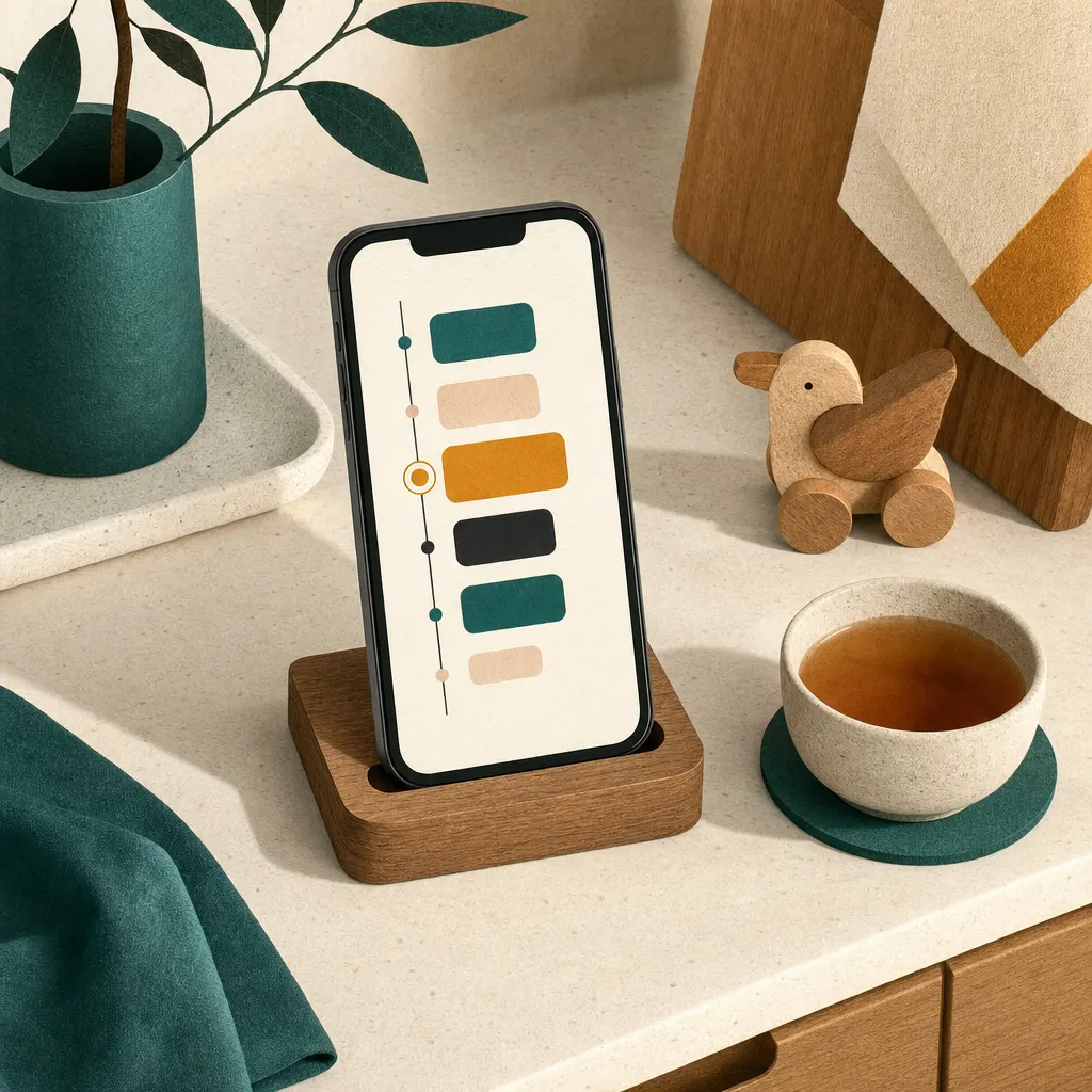 A phone on a stand showing a day timeline.
