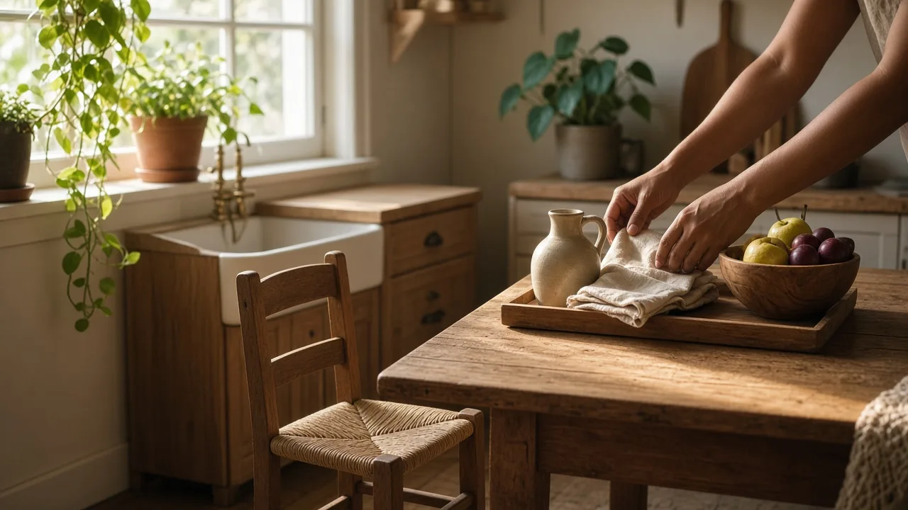 Adult hands setting a morning tray on a wooden kitchen table.