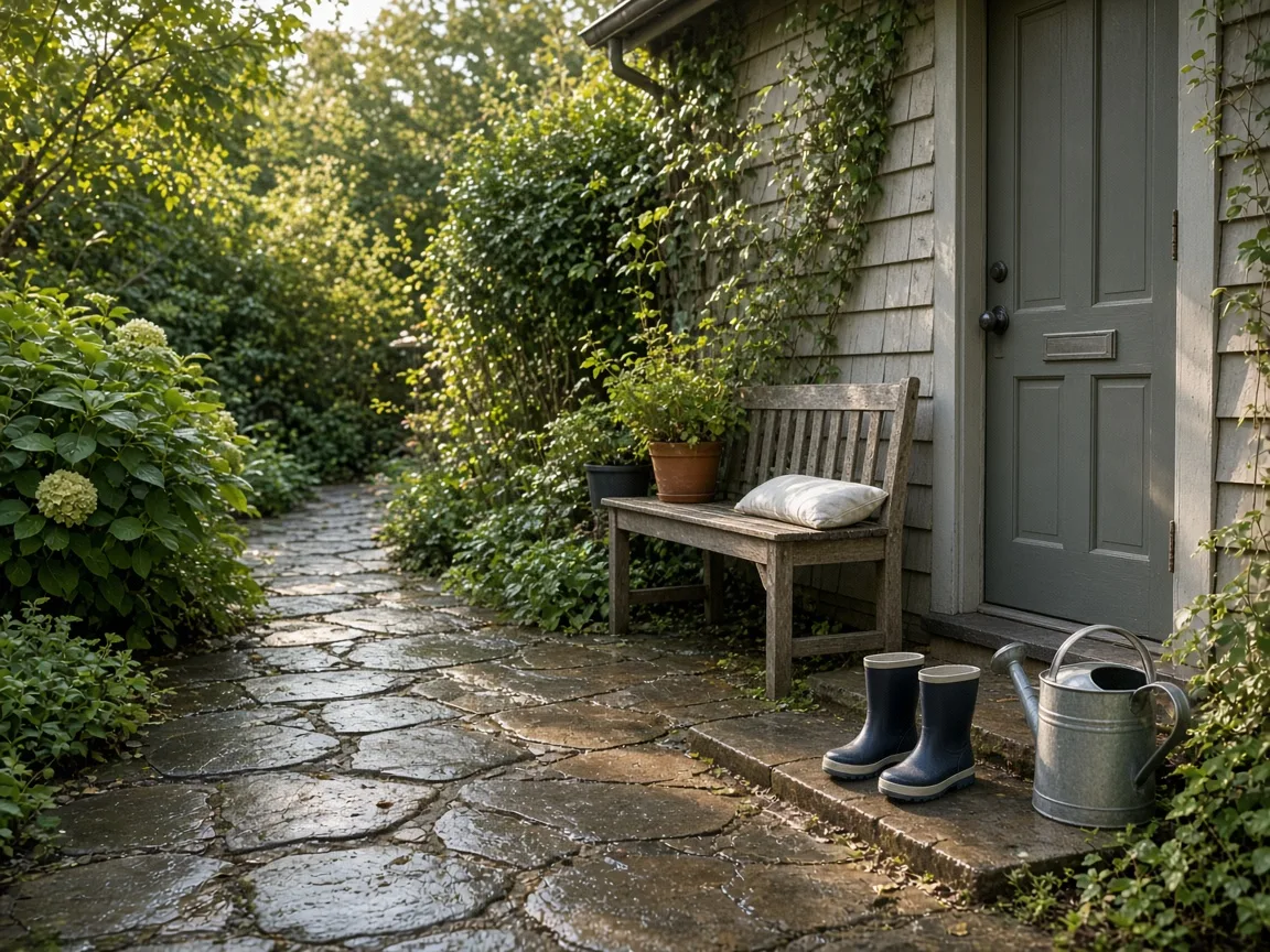 Small boots and a watering can by a garden door in morning light.