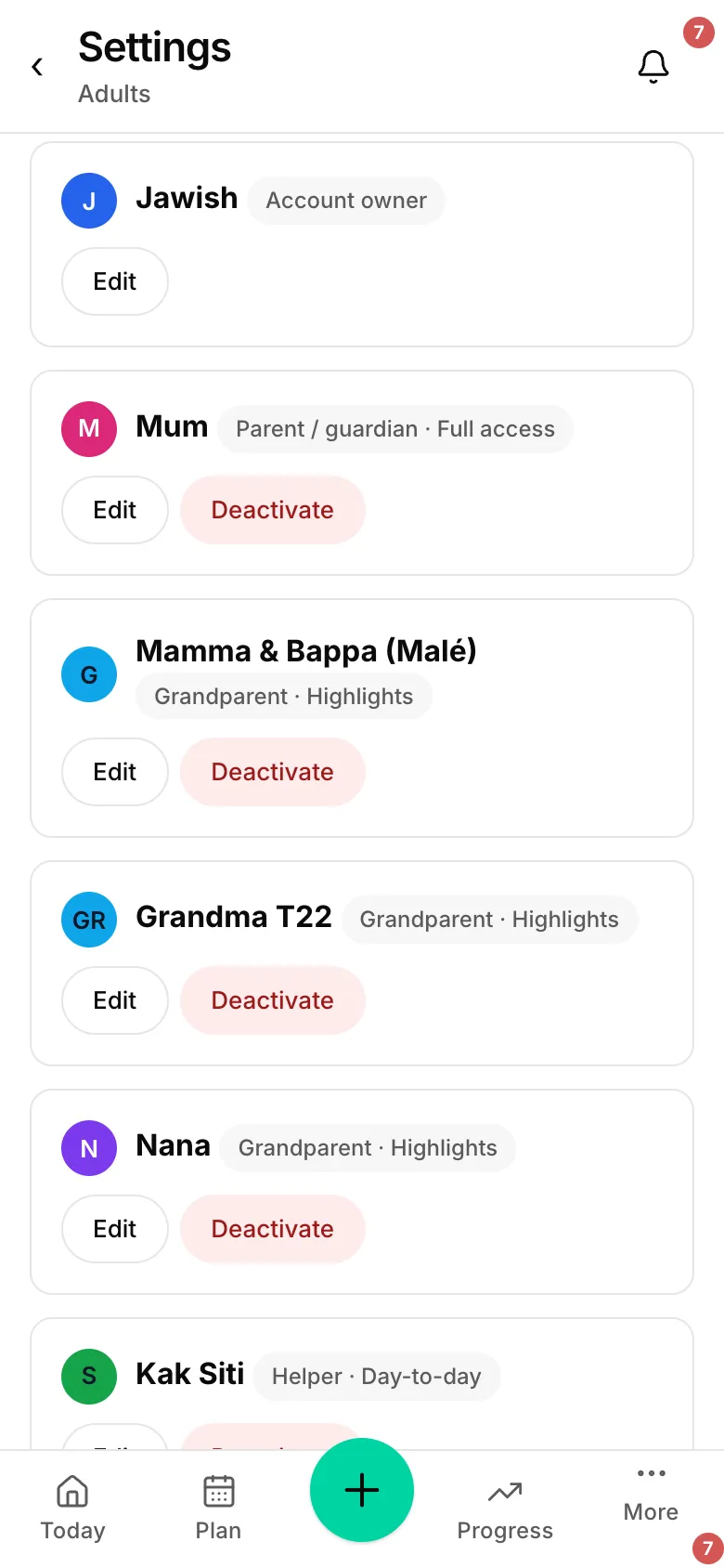 Adults and roles settings.