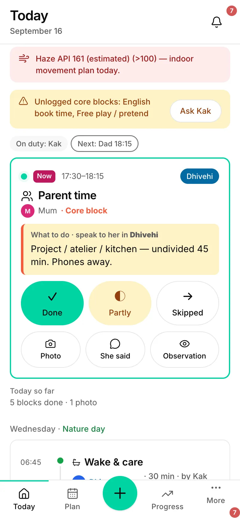 The current block card expanded with a script and Done, Partly, Skip.